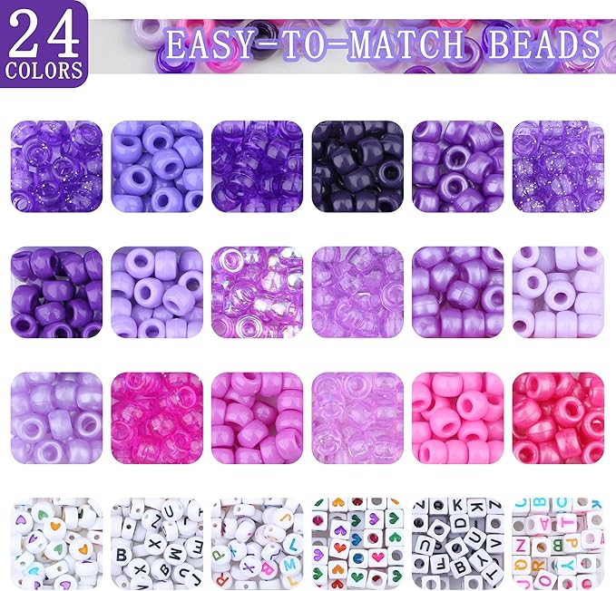 XIANNVXI 24Colours Pony Beads for Bracelet Friendship 720pcs Letter Kandi Purple Pony Beaded for Jewelry DIY Crafts Bracelet Making