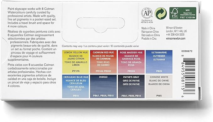 Winsor & Newton Cotman Watercolor Paint Set, 8 Half Pan, Sky Colors w/ Brush
