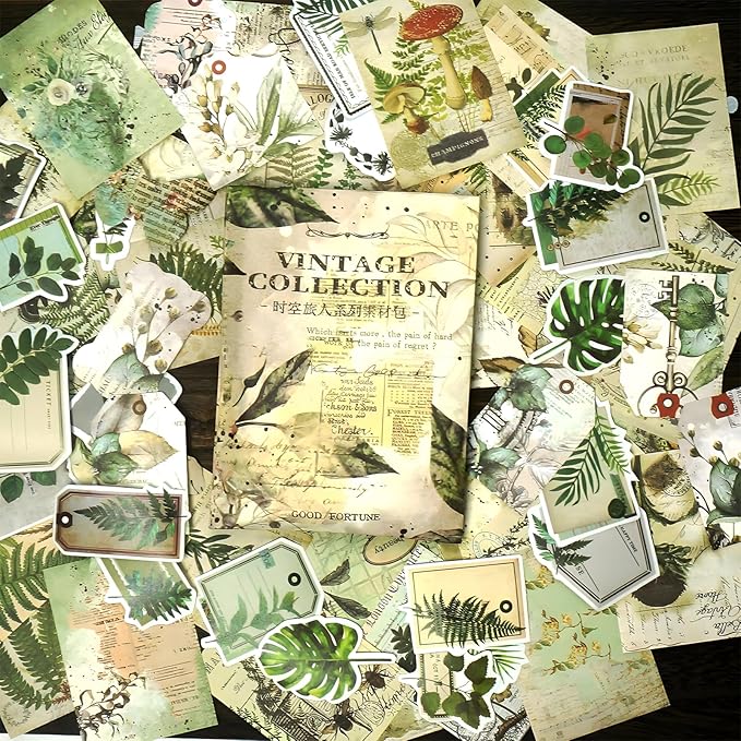 200 Pcs Vintage Ephemera Bundle Junk Journal Kit Scrapbook Supplies Paper Sticker Material Pack Scrapbooking Kit for Art Journaling Bullet Journals Planners Collage Decoupage Crafter Gifts(Greenery)
