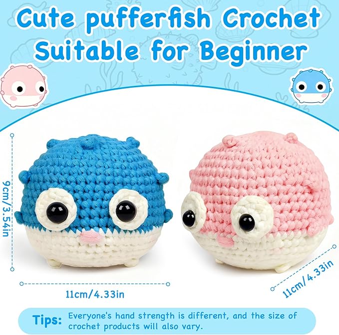 Cokiddle Crochet Kit for Beginners, Cute Pufferfish Shape with Step-by-Step Video Tutorials, Soft Yarn, Hooks & Full Supplies, Exclusive Crochet Kit for Beginners, DIY Craft, Great Teen Gifts