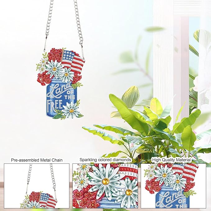 AiYuanzsh Diamond Art Painting Hanging Kit Independence Day Vase, 5D Acrylic Crystal Rhinestones Diamond Art Pendant with Flower and Flag Diamond Art Ornament for Door Wall Window Home Decor