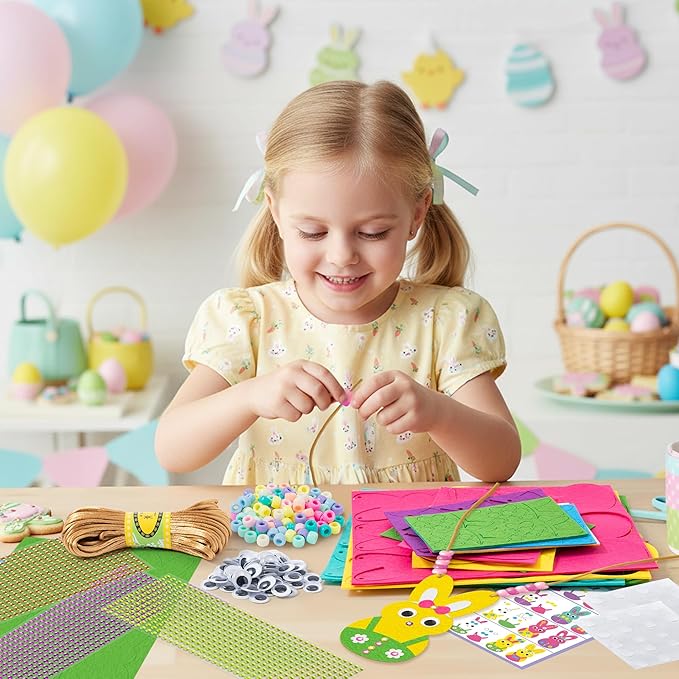 BeYumi Easter Necklace Craft Kit - 24Pcs Easter Bunny Peeps Felt Necklace Making Kits with Beads and Gem Sticker DIY Rabbit Craft for Kids Sunday School Home Classroom Gift Party Favor Fun Activities