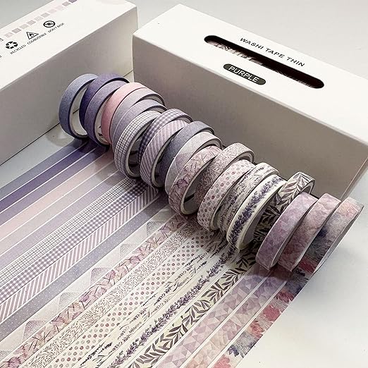 YUBX Vintage Washi Tape Set 20 Rolls Skinny Retro Decorative Antique Patterns Masking Tapes for Arts, DIY Crafts, Journals, Planners, Scrapbook, Wrapping (Purple)