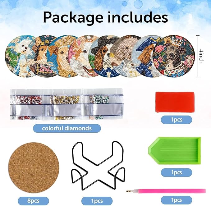 igoodom 8 Pcs Diamond Art Coasters Kit with Holder, DIY Funny Dog Diamond Painting Coasters for Beginners Adults, Non Slip Diamond Art Kits Craft Supplies 4x4inch