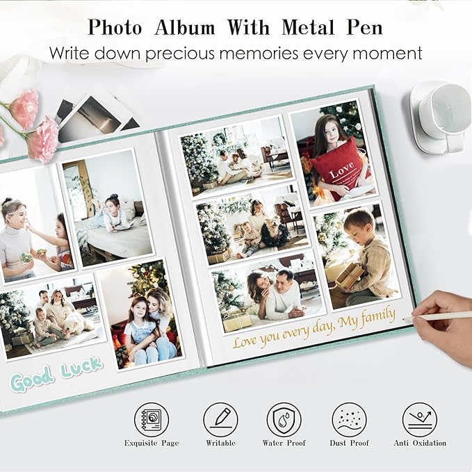 Spbapr Large Photo Album Self Adhesive 3x5 4x6 5x7 8x10 Pictures Magnetic Scrapbook 40 Blank Pages Linen Cover DIY Album with A Metal Pen
