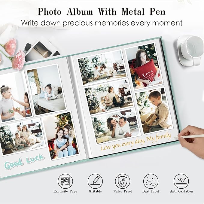 Spbapr Large Photo Album Self Adhesive 4x6 5x7 8x10 10x12 Pictures Magnetic Scrapbook 40 Blank Pages Linen Cover DIY Album with A Metal Pen