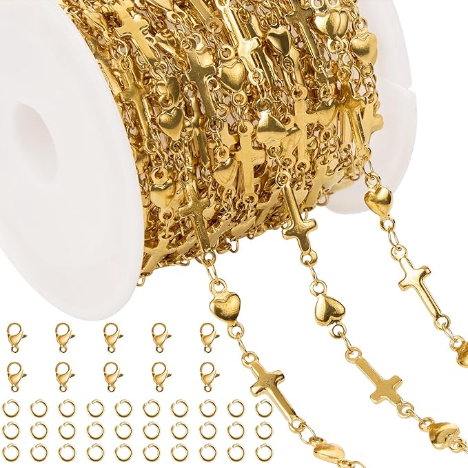 13 Feet Gold Stainless Steel Chain Bulk for Jewelry Making Cross Heart Jewelry Making Chains Supplies
