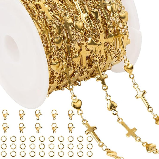 13 Feet Gold Stainless Steel Chain Bulk for Jewelry Making Cross Heart Jewelry Making Chains Supplies