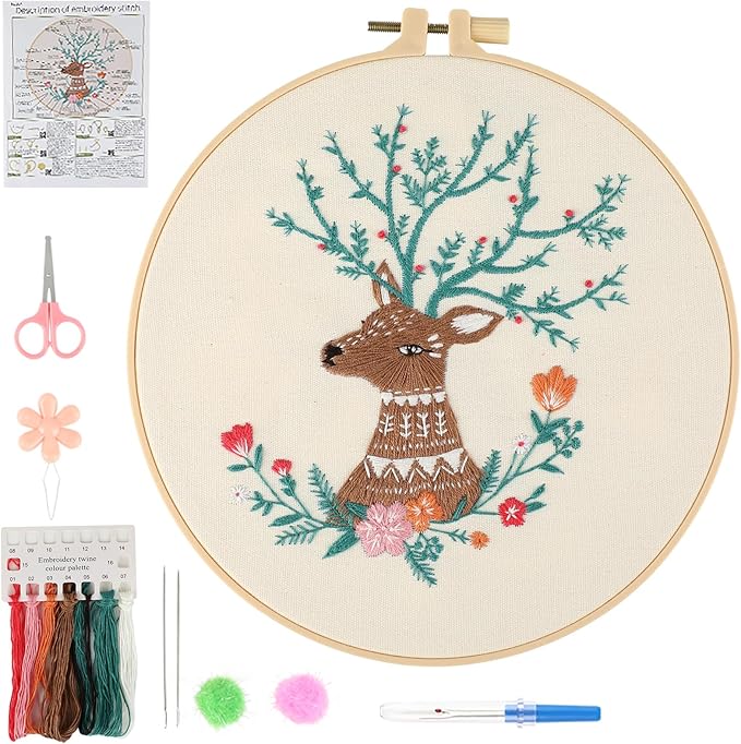 JOINRUN Beginner Embroidery Kit for Adults, Deer Cross Stitch Kits with 7.9" Hoop, Threads, Needles, Learn Stitches with Pre-Printed Patterns, Video Tutorial, DIY Needlework Craft Gift for Women