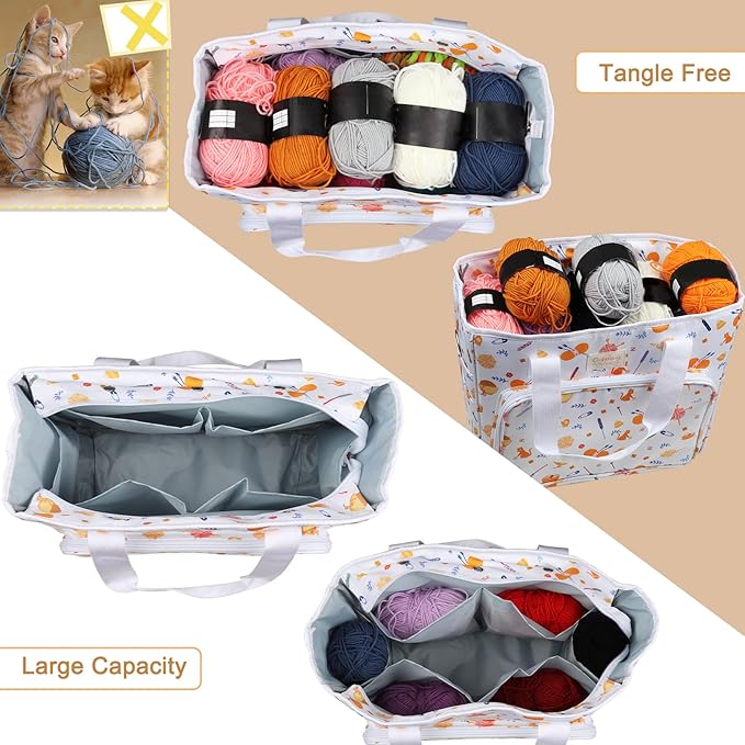 Coopay Large Tote Bag Travel Organizer Lightweight with Shoulder Strap for Crafts and Storage Supplies Crochet Knitting White