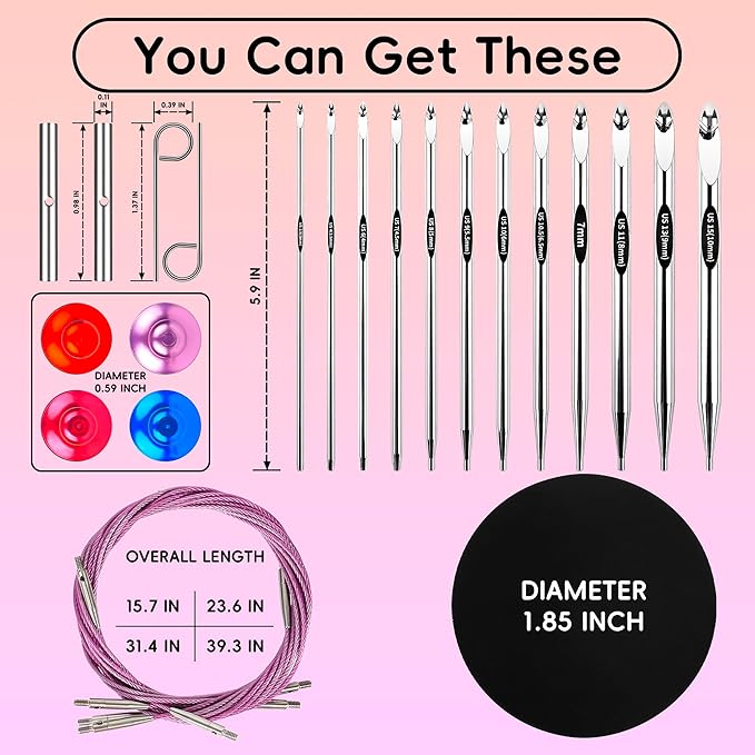 Tunisian Crochet Hooks Set - Tunisian Crochet Hook, Interchangeable Metal Tunisian Crochet Hooks Set with Cable, Tunisian Crochet Hooks, Nickel Plated Aluminum, Ergonomic 3mm-10mm, 26-Piece Set-Purple