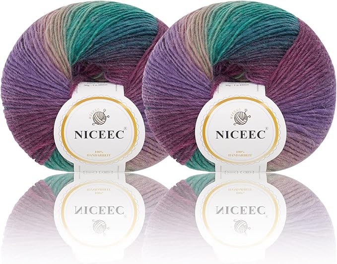 NICEEC 2 Skeins Rainbow Soft Yarn 100% Wool Gradient Multi Color Yarn for Crocheting Knit Total Length 180m×2(196yds×2,50g×2)-5#
