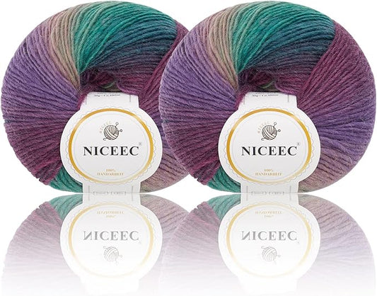 NICEEC 2 Skeins Rainbow Soft Yarn 100% Wool Gradient Multi Color Yarn for Crocheting Knit Total Length 180m×2(196yds×2,50g×2)-5#