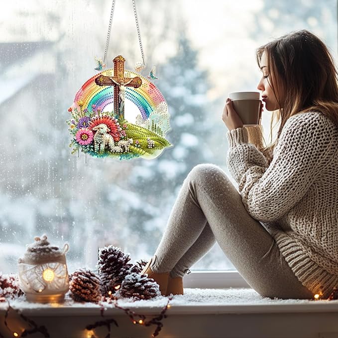 GHHKUD Easter Theme Diamond Art Hanging Kits for Adults, DIY Double Sided Diamond Painting Hanging Rainbow Kits Adults, Special Shaped Acrylic Ornaments Pendants for Window Home Garden Wall