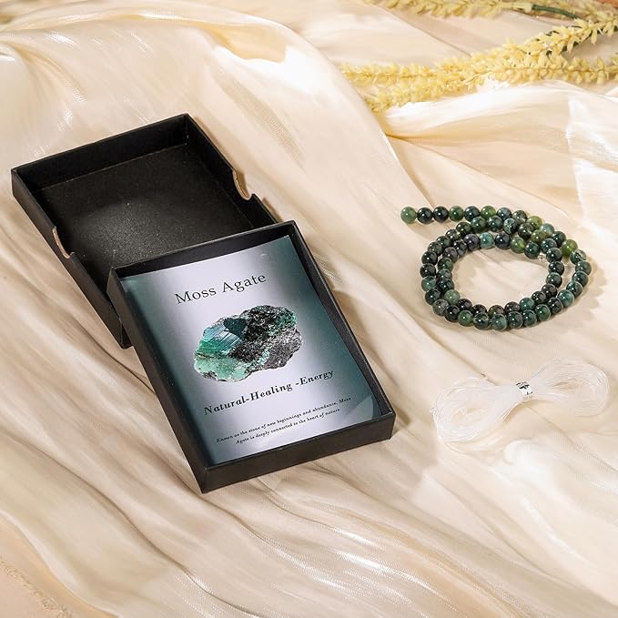 Song Xi 90pcs 4mm Natural Moss Agate Stone Beads for Jewelry Making, Gemstones Beads Bracelet for Necklace Earring Keychain, with Jewelry Box and Elastic for Christmas Wedding Birthday Gift