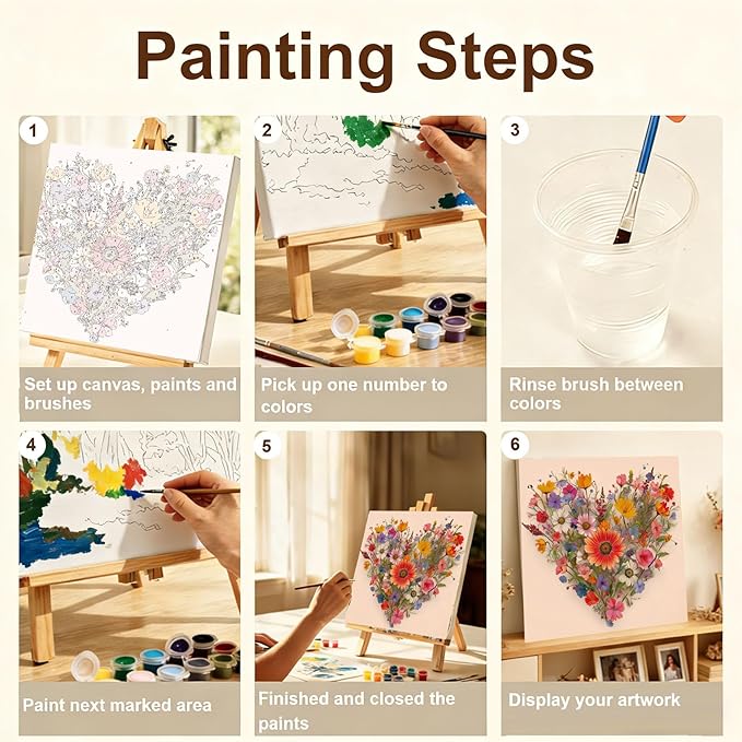 Gemozaic Flowers Paint by Numbers Kit for Adults with Frame and Easel, Heart Shaped Flowers Framed Adults' Paint by Number Kits for Mother's Day Gift,Home, Wall Decor, 8x8 Inch