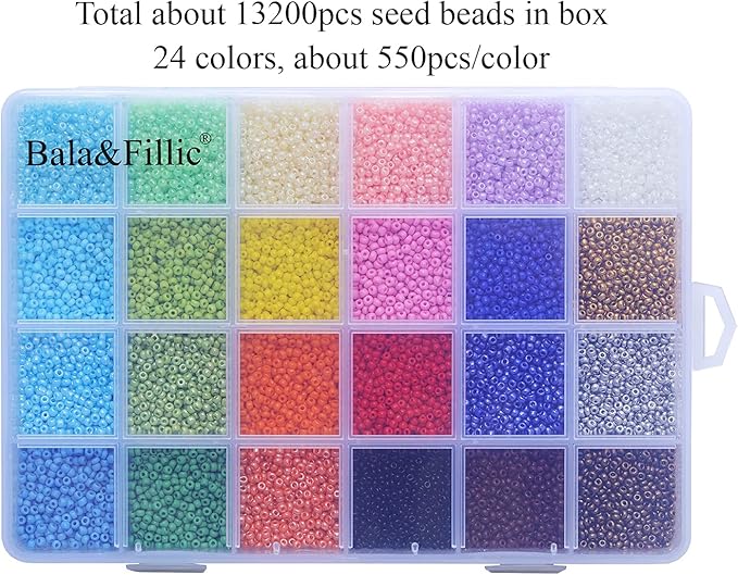 Bala&Fillic Size 11/0 Glass Seed Beads About 15600 pcs in Box, Craft Seed Beads for Making Bracelets Necklace Earring Jewelry (About 650pcs/Color, 24 Colors