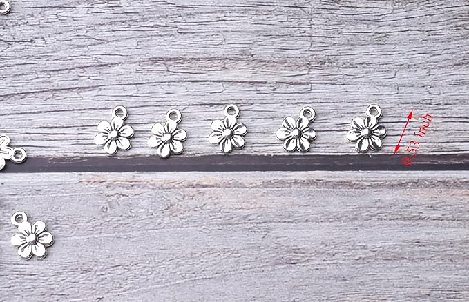 Ruwado 50 Pcs Little Flowers Charms Metal Vintage Cute Vintage Small Flower Pendants for Jewelry Making Kit Bracelet Necklace DIY Making Crafting Project Accessories Supplies (Silver)