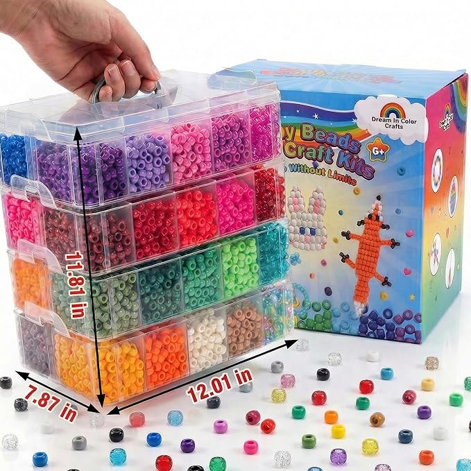 12000Pcs Pony Beads Kit, 40 Colors Rainbow Rave Kandi Beads for Bracelets Friendship with Neon Glow Beads Bulk for Hair Braiding DIY Jewelry Making Craft Kits (Shock Resistant Stackable Box, 9.2lb)