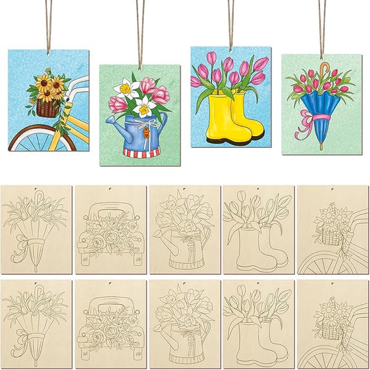 COCHIE 10 Pieces Large Spring Unfinished Wood Crafts to Paint for Adults, Bulk Predrilled Wooden Ornaments for Painting, Tulips Flowers Paintable Wood Slices Craft Supplies with Ropes