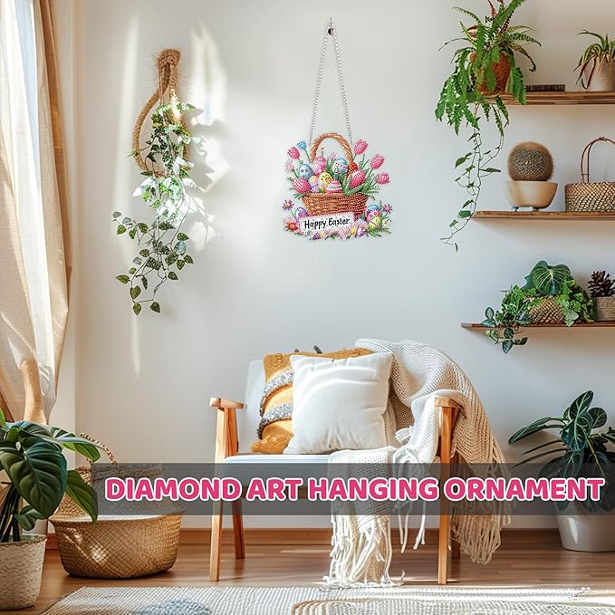 MEIYUDA Easter Egg Diamond Art Hanging Kits for Adult, Eggs Basket Diamond Painting Kits Ornaments, DIY Happy Easter Special Shaped Rhinestone Window Pendants kit for Home Garden Wall Decor Gift