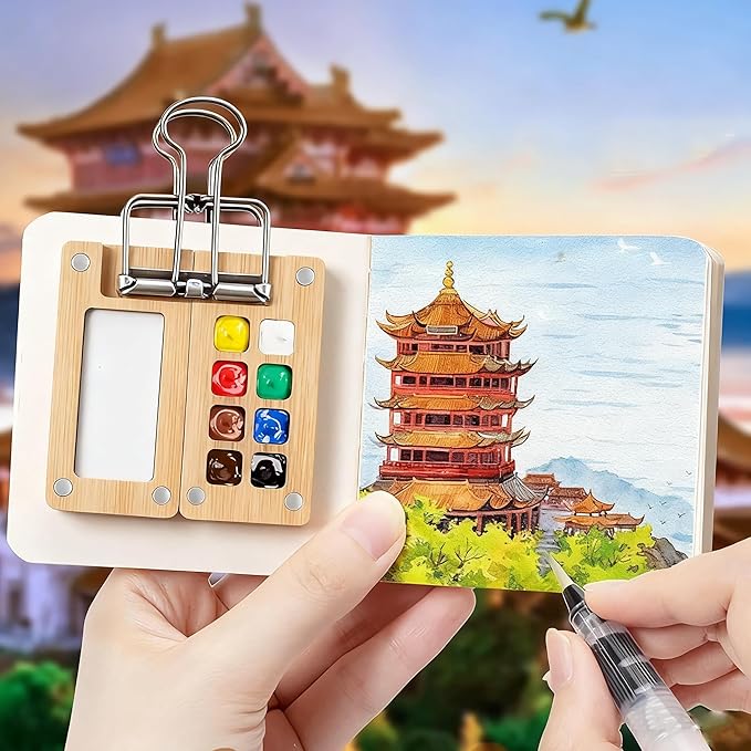 Mini Watercolor Paint Set Pocket Artist Watercolor Travel Set with Mini Paint Palette,Brushes, 12 Colors, Watercolor Sketchbook for Artists Painters Students(Bamboo)