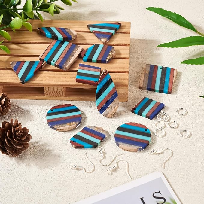 Beadthoven 52pcs Boho Wood Women Earring Making Kit, Striped Resin Wood Earrings Charms Pendants Natural Wood Cutouts Pieces Wooden Earring Blanks with Earring Hooks for DIY Jewelry Making Crafts