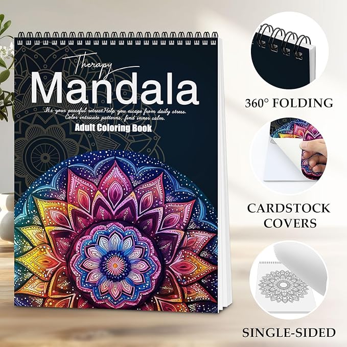 Mandala Coloring Book for Adults Relaxation, 24 Patterns Adult Coloring Books for Women Stress Relief, Inspirational Gift for Women & Men, Spiral Bound Mindfulness Coloring Book, Single-Sided Print