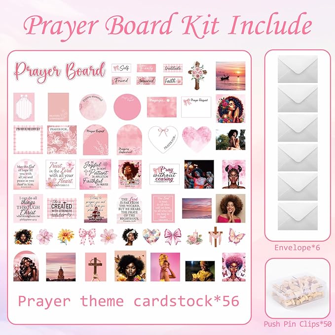 Black Women Prayer Board Kit - Vemfare 162 Pcs Prayer Board Stickers Supplies with Pins Envelope Bible Verse Quotes Cards, Pink Scrapbook Stickers, Bible Study Supplies for Women (Not Cork Board)
