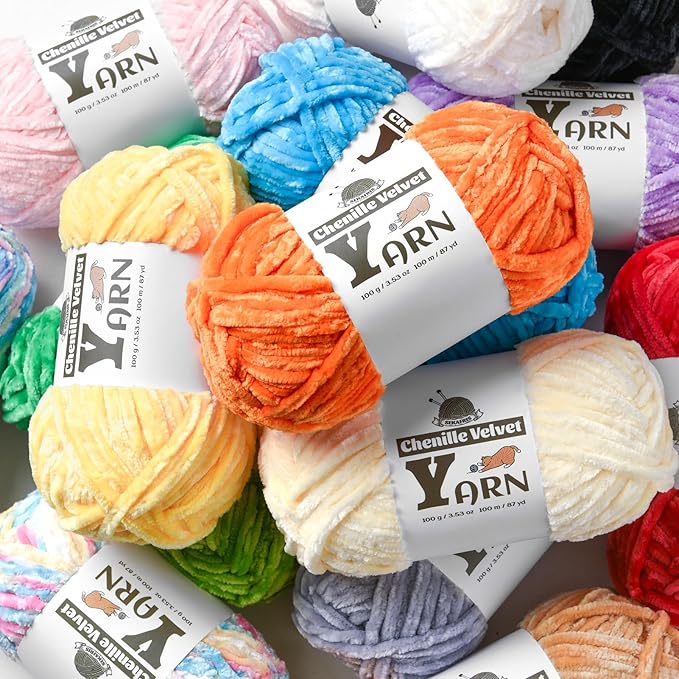12 Pack Multicolor Crochet Yarn, Fluffy Chunky Chenille Yarn for Crocheting, Fuzzy Velvet Yarn for Crochet Kit, Baby Yarn for Crocheting Soft Amigurumi Yarn Set B (100g/87yds Each)