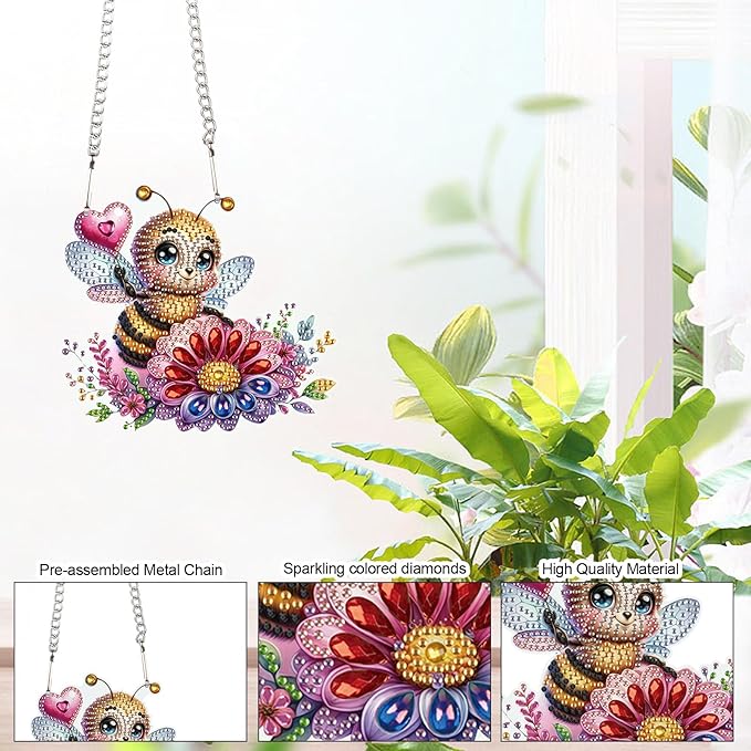 AiYuanzsh Diamond Art Hanging Kits for Adults, Bee Flower Special Shaped Crystal Diamond Painting Acrylic Ornament, DIY Window Suncatcher Pendant for Home Wall Decor Gift
