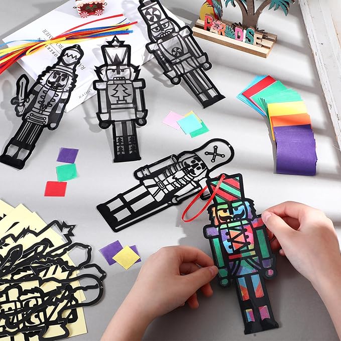 30 Pcs Christmas Nutcracker Suncatchers Paper Craft Set Xmas Nutcracker DIY Stained Glass Effect Tissue Paper Kits Gift Bulk for Xmas Christmas Activities Art Party Decor
