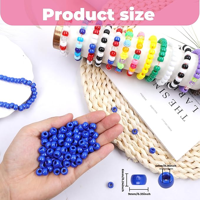 Royal Blue Pony Beads for Bracelet 1000 Pcs Plastic Beads for Friendship Bracelets 6x9mm Large Hole Beads for Hair Braiding Small Beads Necklace Earrings Jewelry Making