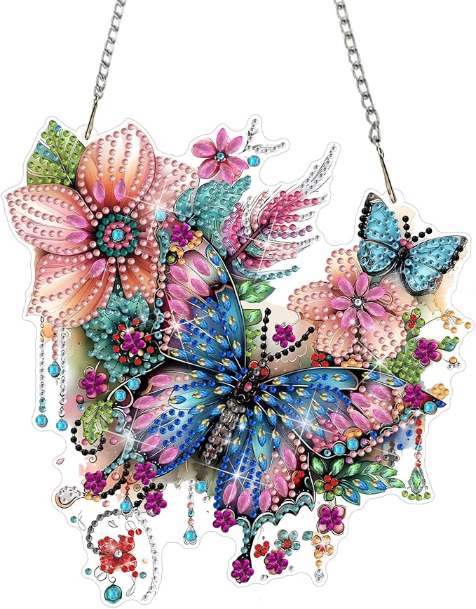 DOMROM Butterfly Diamond Art Hanging Kits for Adults Beginners, Special Shaped Crystal Diamond Painting Butterfly Pendant, DIY Diamond Art Suncatchers Animals for Home Garden Wall Decor Gift