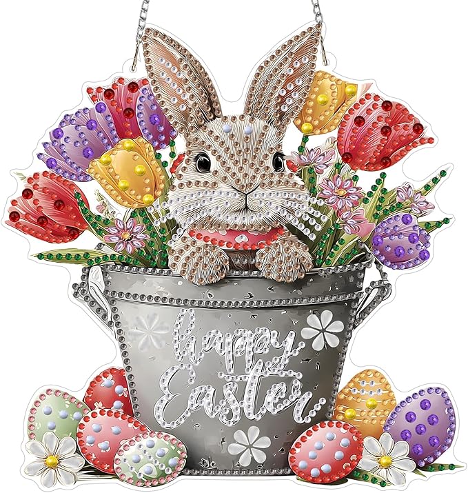 MXJSUA Diamond Art Hanging Kits for Adults Beginners, DIY Acrylic 5D Special Shaped Crystal Diamond Gem Art Painting Hanging Ornament for Home Wall Decor and Gift (Tulips Easter Bunny)