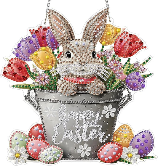 MXJSUA Diamond Art Hanging Kits for Adults Beginners, DIY Acrylic 5D Special Shaped Crystal Diamond Gem Art Painting Hanging Ornament for Home Wall Decor and Gift (Tulips Easter Bunny)