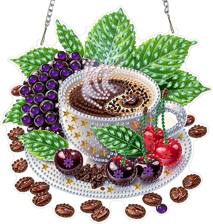 MXJSUA Fruit Coffee Diamond Painting Art Window Suncatchers, Diamond Art Kits for Adults Hanging Ornaments with Chain, 5D Special Shape Crystal Diamond Pendant Accessories for Decor Gift 8x8 Inch