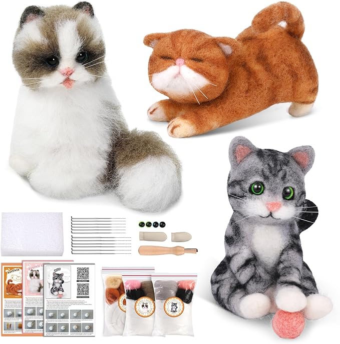 Mayboos Needle Felting Kit, 3 PCS Cat Animal Needle Felting Beginner Kits Wool Felt Needle Felting Tools with Instruction for DIY Craft Animal Home Decoration
