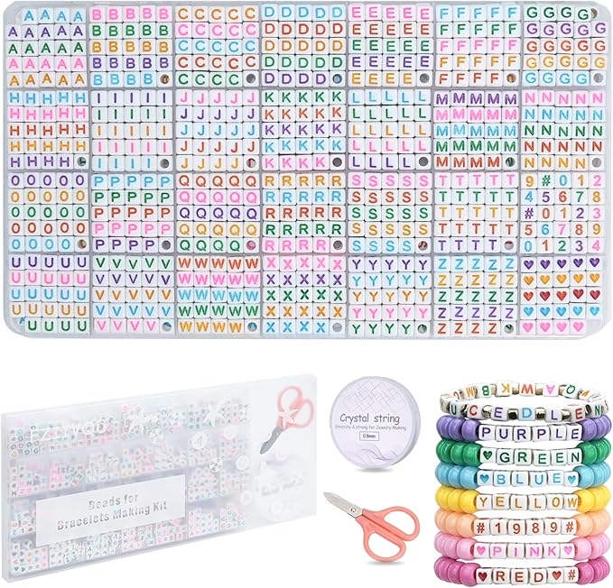 FZIIVQU 1120Pcs Acrylic Square Letter Bead, 6x6mm Letter Bead A-Z with Color Number Bead Color Love Cube Bead Jewelry Making, DIY Necklace, Key Chain, Friendship Bracelet