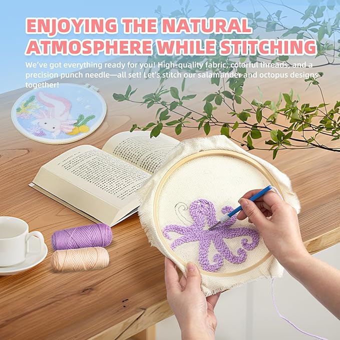 Punch Needle Kits Adults Beginner,Punch Needle kit for Beginners, Embroidery kit for Beginners,Includes All Tools and Materials,Easy to Follow Instructions and Videos-(Axolotl+Octopus)