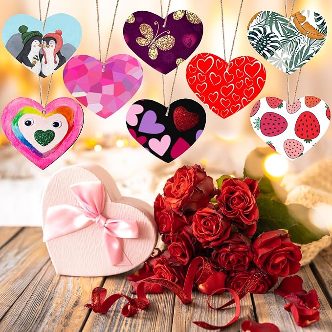 KITRDOOR Wooden Hearts for Crafts, 36pcs Valentine's Day Heart Ornaments Hanging Decorations, Unfinished Wood Heart Painting Craft Kit, DIY Valentines Crafts for Adults Classroom Gift (Pink)