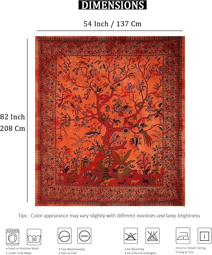 the art box tapestry orange tree of life wall hanging – indian cotton twin bedspread, picnic sheet, wall decor, blanket, wall art for bedroom (twin, 82x54 inch)