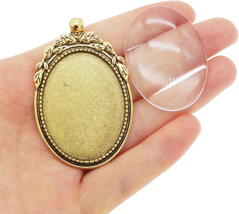 Julie Wang 10 Sets Oval Antiqued Gold Color Blank Photo Setting Bezel Tray Pendant with Clear Glass Cabochons for Necklace Jewelry Making Charms Resin Crafts DIY Supplies