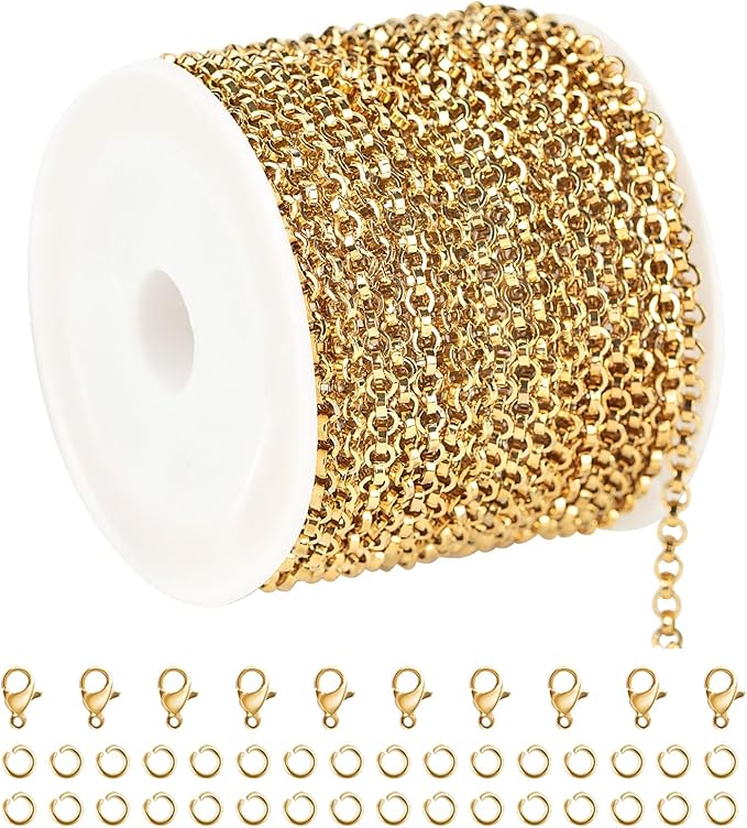 UMAOKANG 16.4 Feet Gold Plated Chain for Jewelry Making Stainless Steel Chains Bulk Flat Circle Link Chain Men and Women Necklace Bracelet DIY Jewelry Findings