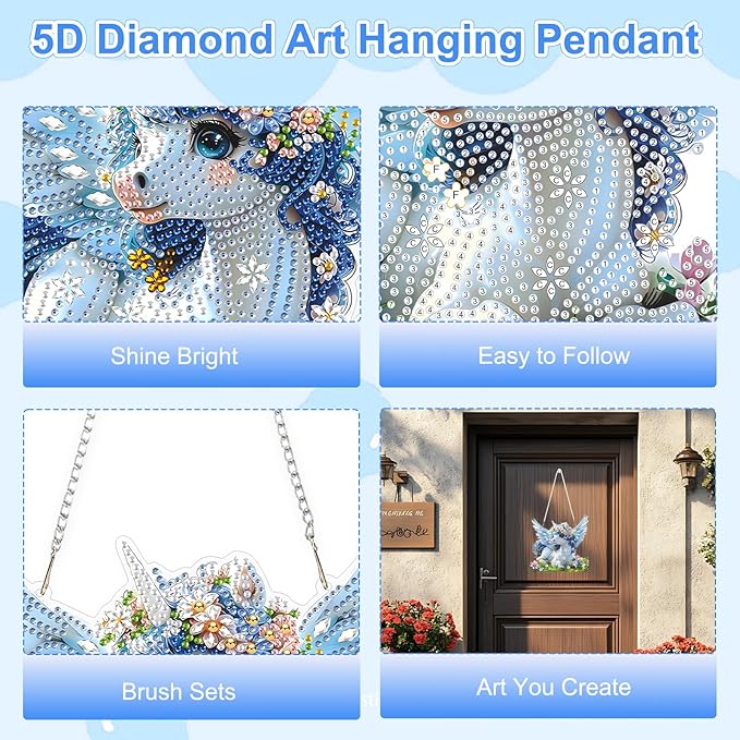 TOSTOG Gentle Unicorn Flower Diamond Art Pendant Kits for Adult, Diamond Painting Hanging Kit for Beginners, 5D DIY Crafts Gem Art, Waterproof Full Accessories for Home Decor Idea 20 * 20 cm/8 * 8 in