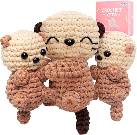 Mewaii Crochet Kit for Beginners Level 1 with 40% Extra Eco-Friendly Pre-Started Easy Yarn, Step-by-Step Video Tutorials for Adults and Kids (3 Pack Sea Otter Family)