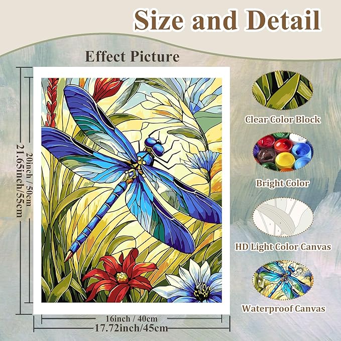 HMZephitiquc Dragonfly Paint by Numbers Kit for Adults, Adult Paint by Number Kits on Canvas, Dragonfly Paint by Number for Adults, Easy DIY Craft Home Wall Decor 16x20 in