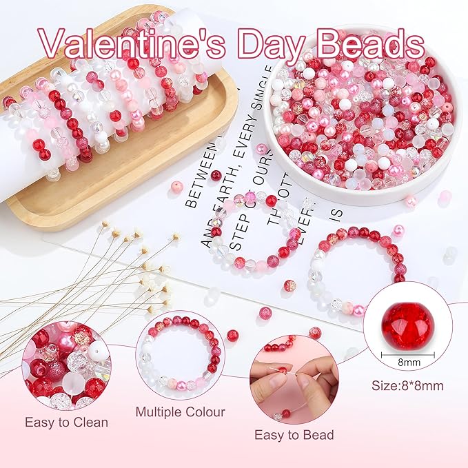 360Pcs Valentines Glass Beads for Jewelry Making, 18 Colors 8mm Round Red Pink White Crystal Bead Valentines Beads for Bracelets Necklaces Romantic Accessories Kit Earring DIY Crafts