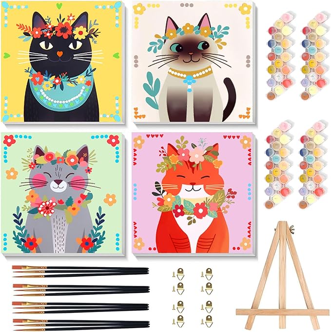 4 Pack Cat Paint by Number for Kids with Wooden Frame, Paint by Numbers for Kids Cats Ages 4-8-12, Easy Cat DIY Acrylic Oil Painting Kits for Home Wall Decor (8X8 inch)