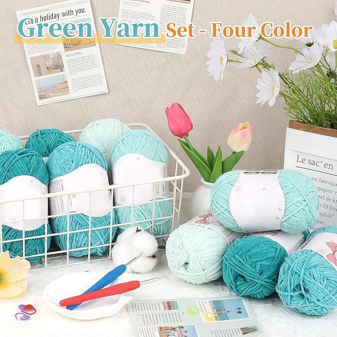 Coopay Skinny Chenille Yarn for Crocheting and Knitting, 12 Pack of 50g/1.76oz - 1764yd Total, Soft Velvet Yarn of Baby Weights - Suitable for Baby Blankets, Plush Toys - Super Soft (Green Gradient)